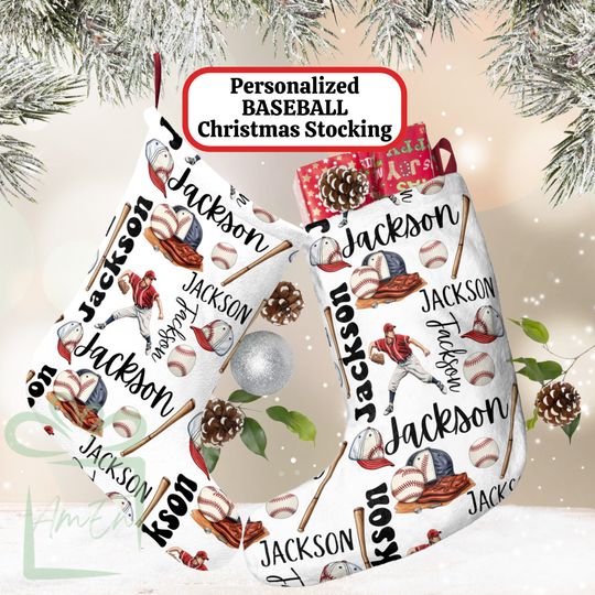 Discover Personalized Name Baseball Large Christmas Stocking, Custom Boy Sport Stocking,  Kid Teenager Sporty Vintage Holiday  Gift, Base Ball Lover