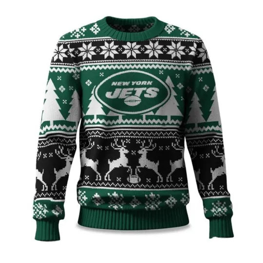 Discover 2025 Christmas Jets Reindeer Football Ugly Sweater  -  Christmas Gift