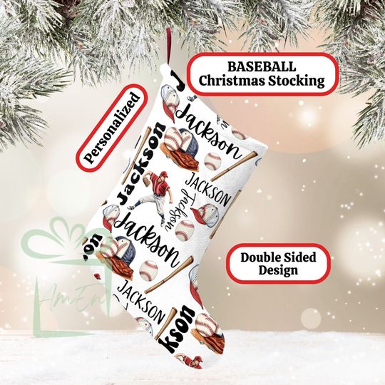 Discover Custom Name Baseball Large Christmas Stocking, Personalized Boy Sport Stocking,  Kid Teenager Sporty Vintage Holiday  Gift, Base Ball Lover