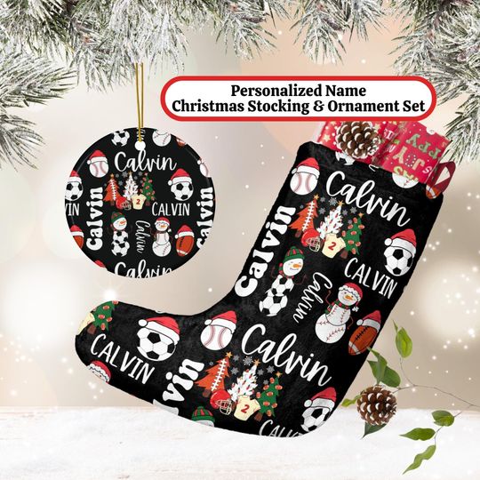 Discover Personalized Sport Lover Christmas Stocking, Custom Sporty Children's Holiday Gift, Child Teen Ornament, Mantle Home Decor Baseball Football