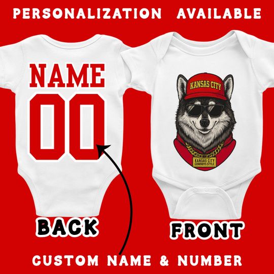 Discover Custom Name & Number Baby Onesie | Personalized Kansas City Cowboy Style Bodysuit