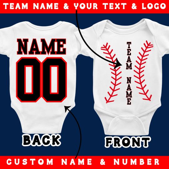 Discover Custom Baseball Onesie, Personalized Team Name Baby Bodysuit, Custom Name & Number Toddler Shirt