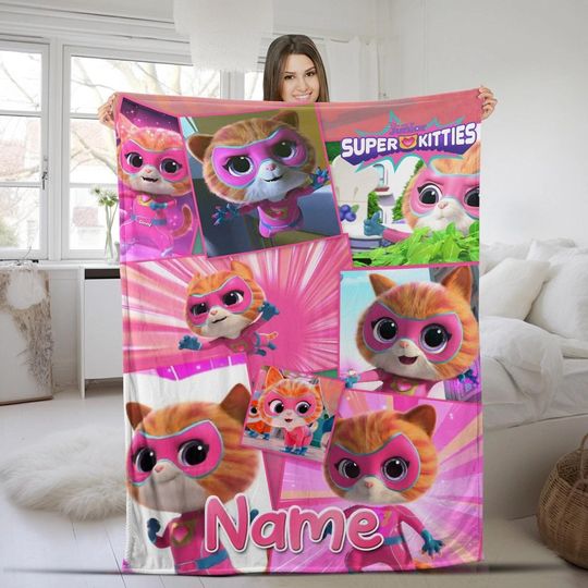 Personalized SuperKitties Blanket | Super Kitties Fleece Blanket | Super Cat Blanket | Ginny Sparks Buddy and Bitsy Blanket | Family Trip