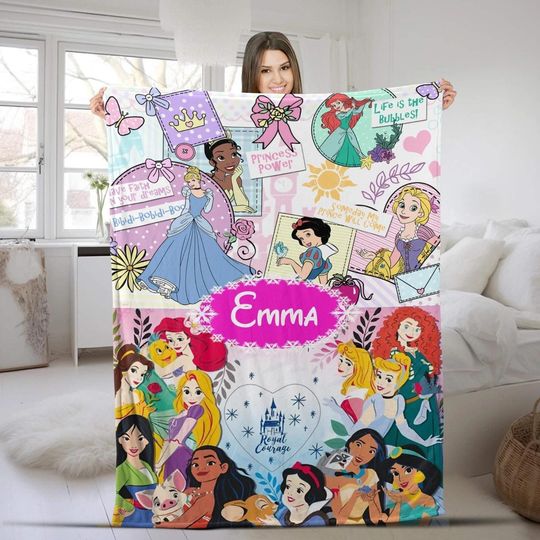 Discover Custom Disneyland Princess Blanket, Princess Blanket Gift for Her, Cinde Snow White Belle Jasmine Ariel Princess, Birthday Girl Blanket