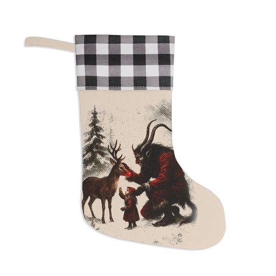 Discover Krampus with Reindeer & Child - Christmas Stocking, Holiday Creepmas, Vintage Decor, Dark Christmas Decoration - Cryptid, Girl, and Rudolf