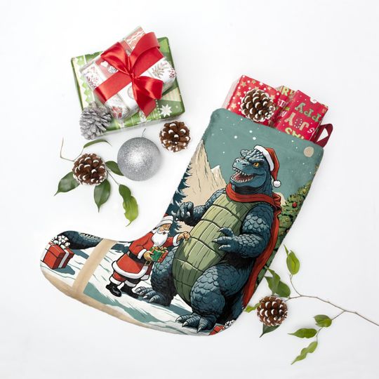 Vintage god zilla Christmas Stocking: Santa & Christmas Tree Holiday Decor