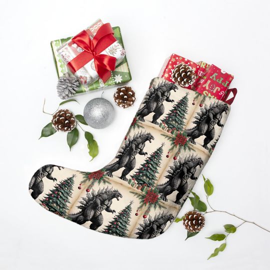 Vintage Christmas Stocking, god zilla Xmas Stocking, Dad Teen Boy Gift Decorations, Fun Holiday Decoration, Personalized Stocking