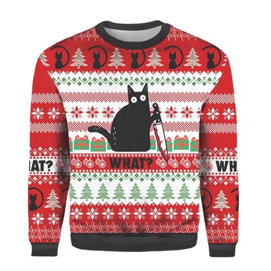 Funny Black Cat Christmas Ugly Sweater with 3D Cat Design