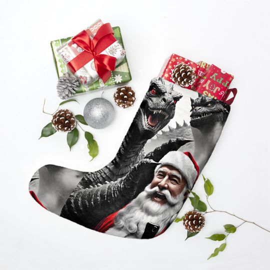 god zilla Christmas Stocking: Kaiju Santa Selfie, Quirky Holiday Decor