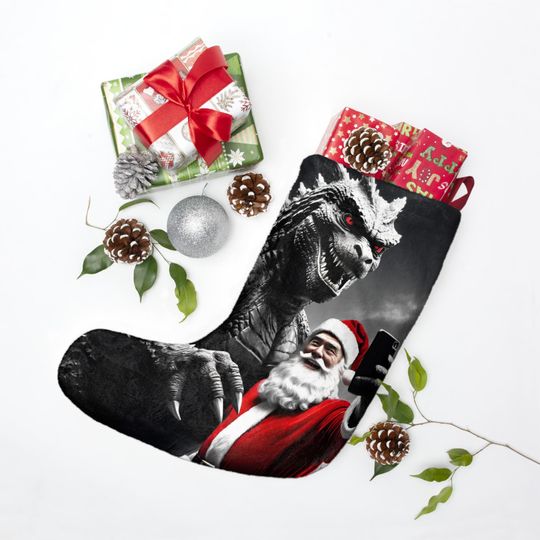 Christmas Stocking, god zilla Santa Selfie Xmas Stocking, Dad Teen Boy Gift Decorations, Fun Holiday Decoration, Personalized Stocking