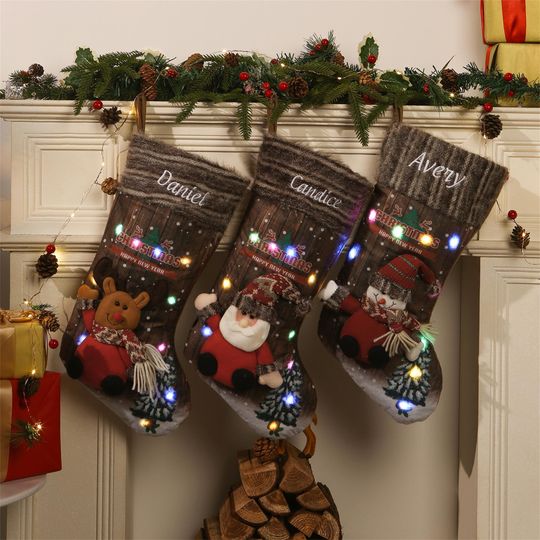 2025 Personalized Christmas Stockings with Light, Embroidered Christmas Stocking, Xmas Stockings,Custom Stocking with Name,