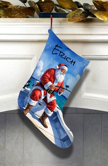 Discover Personalized Santa Fishing Stocking  Coastal Christmas Decor, Fisherman Gift, Custom Beach House Stocking, Ocean Lover gift, Fishing Boat