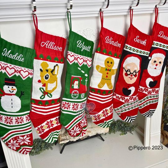 Personalized Custom Embroidered Monogramed Family Knit Christmas Stockings Socks with Santa Deer Train Gingerbread Snowman Mrs. Claus