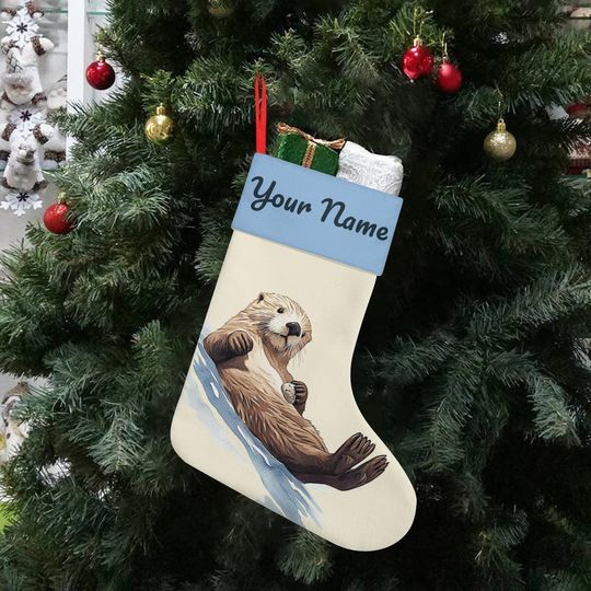 Discover Personalized Sea Otter Christmas Stocking: Custom Linen Yule Decor, Watercolour Canadian Marine Aquatic Animal