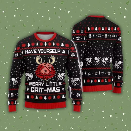Discover Have Yourself a Merry Little Crit-mas Ugly Christmas Sweater, DND D20 Dice Reindeer Gamer Jumper
