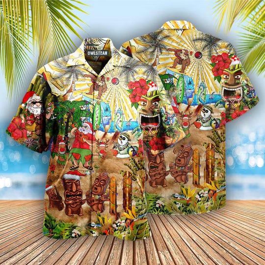 Discover Tiki Santa Hawaiian Shirt, Funny Tropical Christmas Aloha Shirt