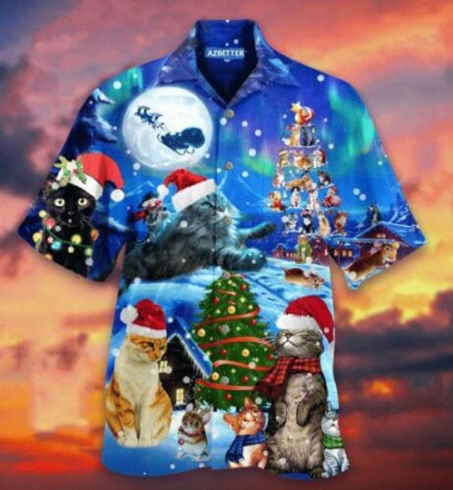 Discover Christmas Cat Hawaiian Shirt for Holiday, Cute Kitty Aloha Shirt, Santa Cat Xmas T-Shirt, Festive Winter Cat Gift