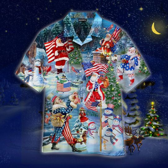 Discover Patriotic Santa Hawaiian Shirt, USA Flag Christmas Aloha Shirt, American Santa Xmas Shirt