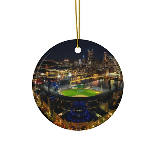 Discover Ceramic Ornament, Pittsburgh PA Baseball Stadium Night Falls, City Skyline Christmas Decor, Holiday Gift, Tree Decoration, Baseball Fan