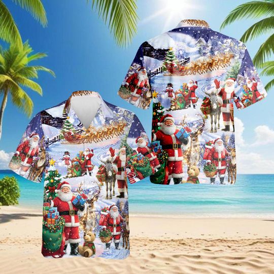 Discover Santa Christmas Hawaiian Shirt with Reindeer, Holiday Aloha Shirt for Men and Women