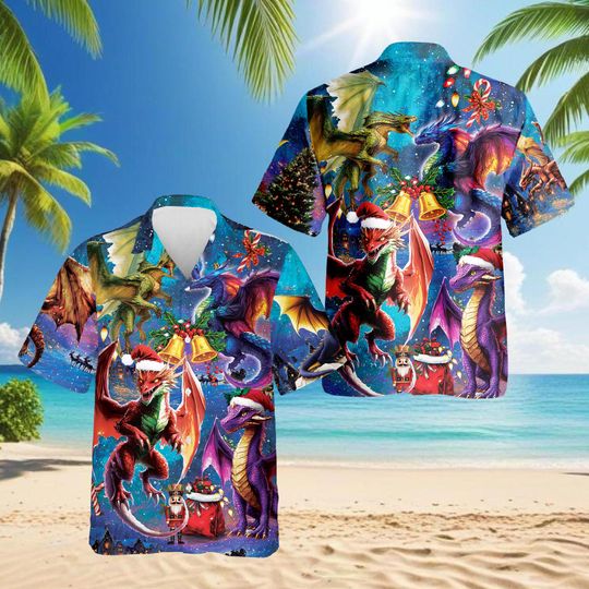 Discover Christmas Dragon Hawaiian Shirt, Fantasy Dragon Aloha Shirt, Fire Dragon Holiday Shirt, Dragon Lover Christmas Gift