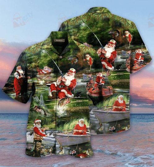 Discover Fishing Santa Hawaiian Shirt for Men, Christmas Aloha Shirt, Holiday Beach Shirt, Funny Christmas Shirt