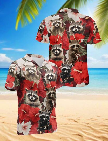 Discover Cute Raccoon Hawaiian Shirt for Men and Women, Tropical Hibiscus Summer Vacation Beach Tee