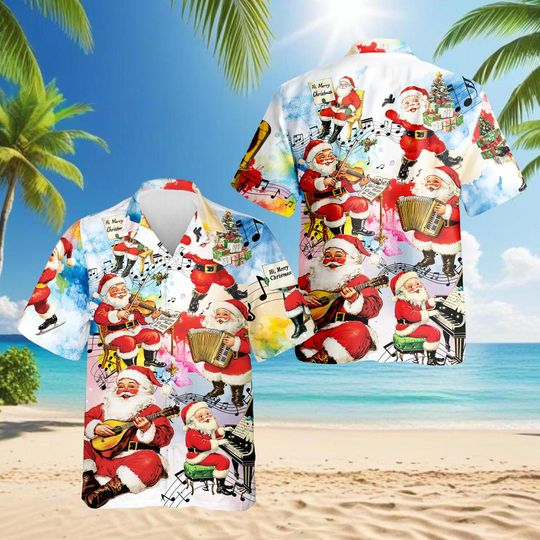 Discover Vintage Santa Musician Hawaiian Shirt, Christmas Music Aloha Shirt, Festive Holiday Santa Band Shirt for Men & Women