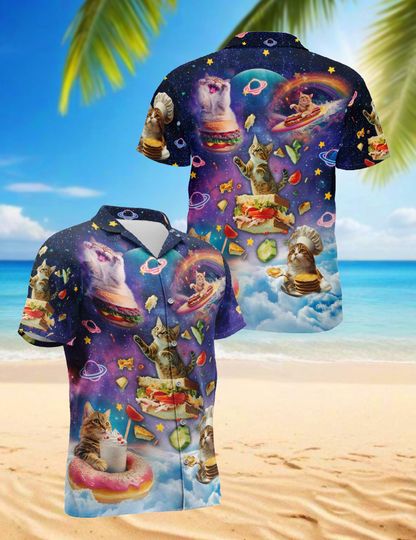 Galaxy Cat Food Hawaiian Shirt, Funny Space Cats Aloha Shirt for Men & Women