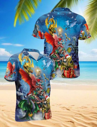 Discover Fantasy Dragon Christmas Hawaiian Shirt for Men and Women, Holiday Aloha Shirt, Winter Dragon Tree Gift Artwork