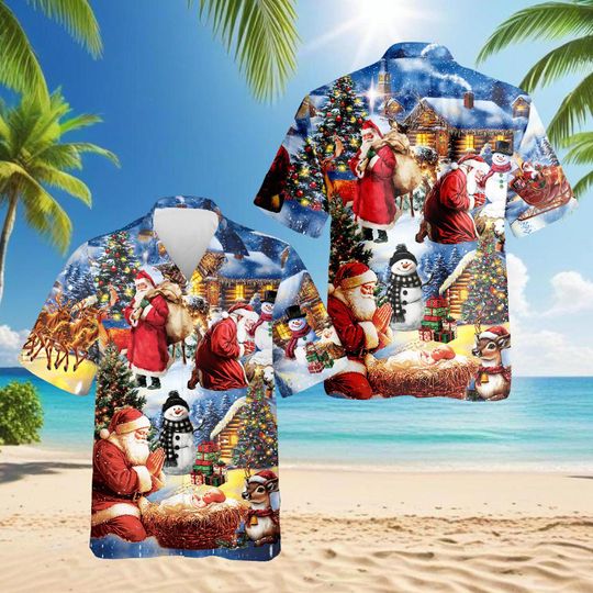 Discover Santa Nativity Christmas Hawaiian Shirt for Men & Women, Holy Night Aloha Shirt, Holiday Gift