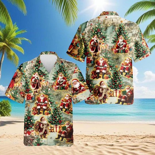 Discover Vintage Santa Christmas Hawaiian Shirt, Retro Xmas Tree Aloha Shirt for Men, Holiday Beach Vacation Shirt
