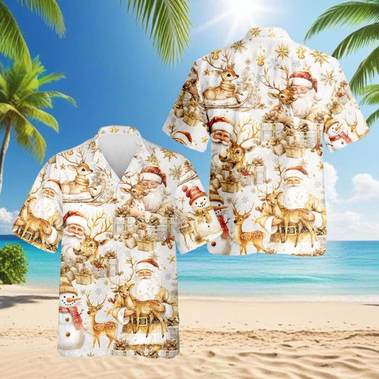 Discover Golden Santa and Reindeer Christmas Hawaiian Shirt, Elegant Holiday Aloha for Men and Women
