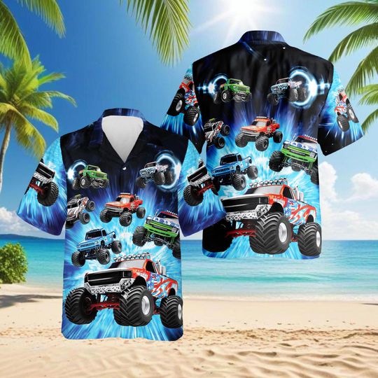 Discover Monster Truck Hawaiian Shirt for Men, Car Racing Aloha Shirt, 3D Beach Vacation Shirt, Summer Gift