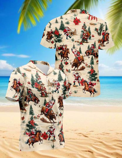 Discover Cowboy Santa Riding Horse Christmas Hawaiian Shirt for Men Women, Western Santa Shirt, Country Holiday Shirt, Funny Rodeo Christmas Gift