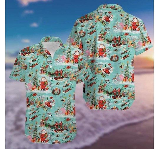 Discover Cute Santa & Reindeer Christmas Hawaiian Shirt, Aqua Holiday Aloha Shirt, Festive Xmas Vacation Shirt for Men Women