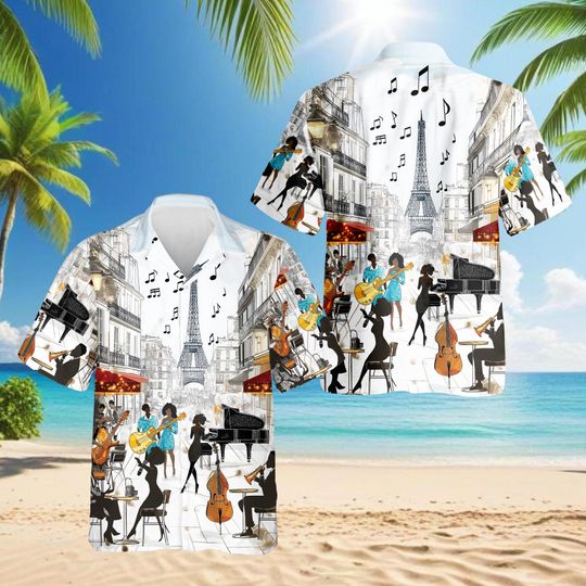 Discover Paris Jazz Caf Hawaiian Shirt, Music Lover Aloha Shirt, Eiffel Tower Jazz Band Summer Shirt, Vintage Parisian Music Shirt