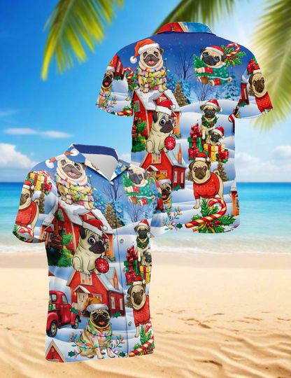 Discover Pug Christmas Hawaiian Shirt, Funny Holiday Dog Aloha Shirt, Cute Pug Xmas Gift, Winter Vacation Shirt for Men & Women