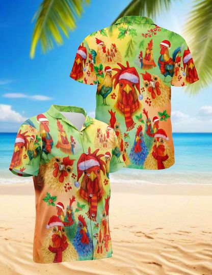Discover Christmas Chicken Hawaiian Shirt, Funny Rooster Holiday Aloha Shirt for Men, Santa Hen Festive Gift, Farm Xmas Vacation Shirt