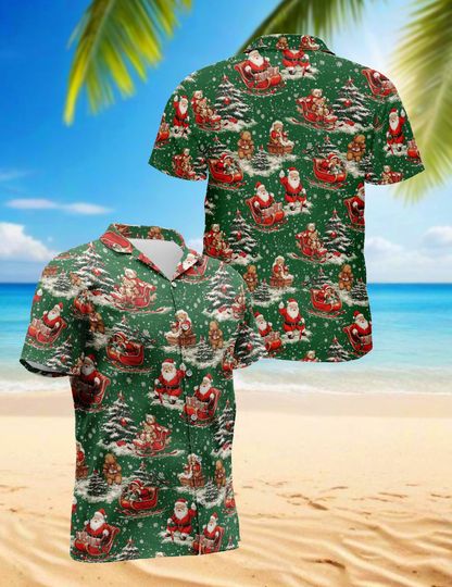 Discover Vintage Santa Sleigh Hawaiian Shirt for Men & Women, Green Christmas Aloha Shirt, Holiday Santa Print Beach Shirt