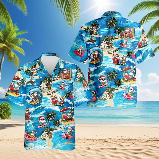 Discover Santa Surfing Hawaiian Shirt, Tropical Christmas Aloha Shirt, Santa Beach Vacation Shirt, Funny Holiday Summer Shirt for Men & Women