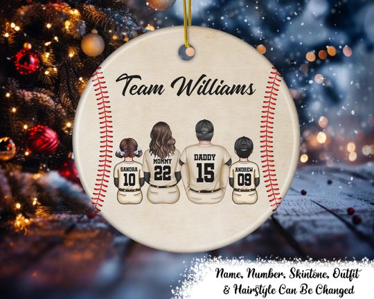 Baseball Family Team Sitting Personalized Ceramic Circle Ornament, Christmas Decoration - Christmas Gift for Sports Families & Team Fans