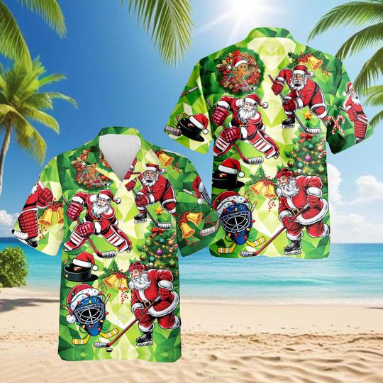 Discover Santa Hockey Hawaiian Shirt, Funny Sports Aloha Shirt for Hockey Fans