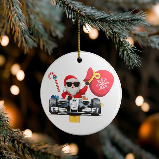 Discover Santa Racing Car Ceramic Ornament: Holiday Decor, Gift for Car Enthusiasts