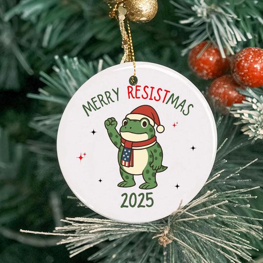 Discover Merry ResISTmas 2025 Frog Ornament | Funny Ceramic Christmas Tree Decor | Holiday Gift for Frog Lovers with Humor & Spirit of Resistance
