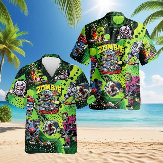 Discover Zombie Skateboard Hawaiian Shirt - Funny Halloween Beach Shirt for Men and Women