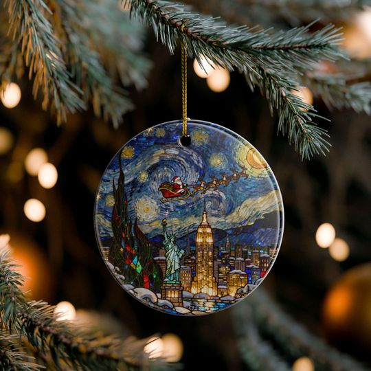 Discover Starry Night NYC Santa Ornament, Van Gogh City Christmas Decor, Stained Glass Effect Ceramic Ornament, New York Holiday Keepsake