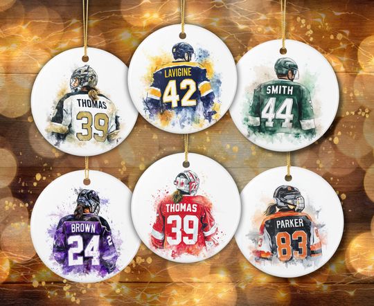 Discover Personalized Hockey Team Watercolor Ornaments, Custom Goalie and Player Gift,  Ceramic Christmas Decoration