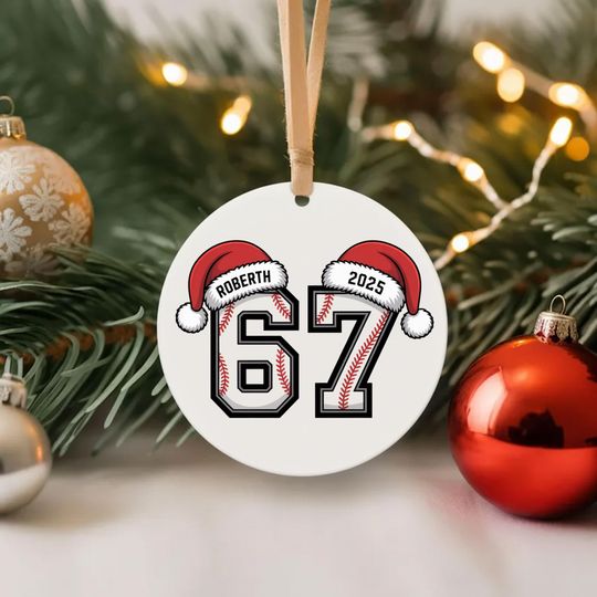 Discover Personalized Baseball Number 67 Ornament, Custom Name & Year, Trendy Six Seven Christmas Design, Sport Lover Gift, 2025 Keepsake
