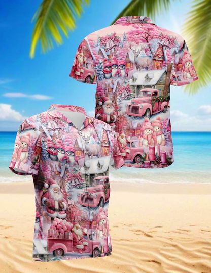 Pink Christmas Hawaiian Shirt for Men and Women, Santa Truck Holiday Village Winter Wonderland Outfit